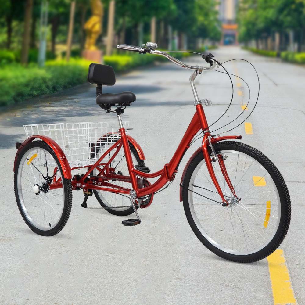Triciclo Pieghevole da 24 Pollici per Adulti con Cestino Triciclo Bicicletta a 3 Ruote, 7 Marce
